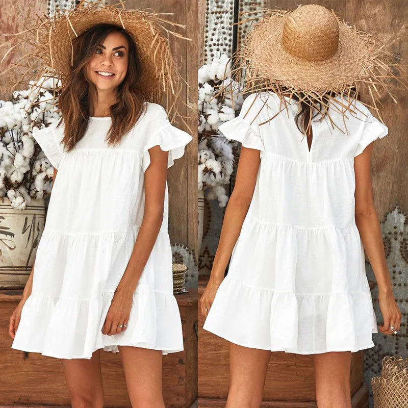

Women Short Mini Dress Crew Neck Casual Evening Party Beach Holiday Mini Dresses Ruffles Short Sleeve Fashion Sundress Vestidos