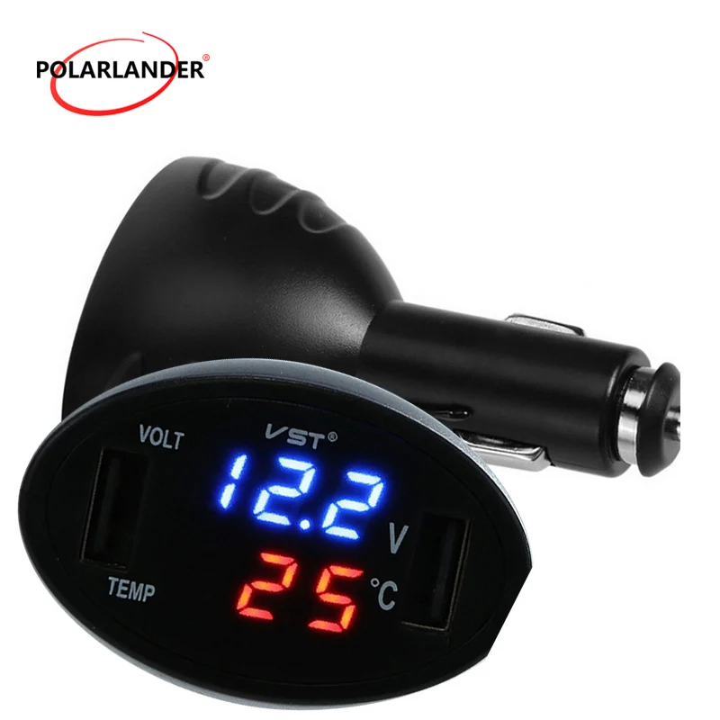 3 in 1 Digital LED Voltmeter Thermometer Monitor Dual USB Ports Car