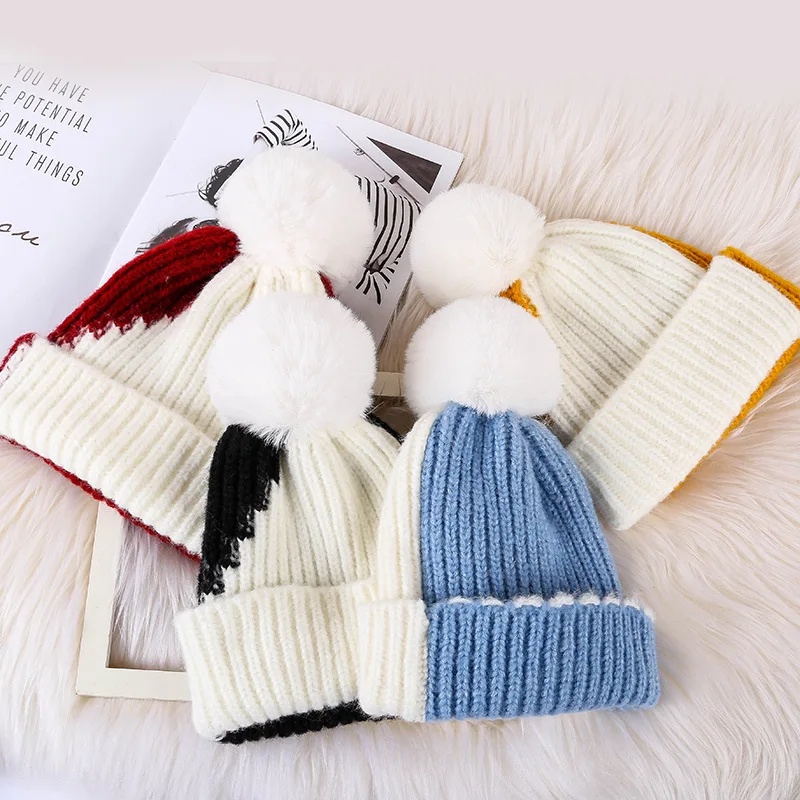 

CINGHI LUSSO Autumn Winter Warm Splice Pompom Hats Women Skullies Beanies Knitted Wool Ski Cap Female Winter Pom Pom Hats Girls