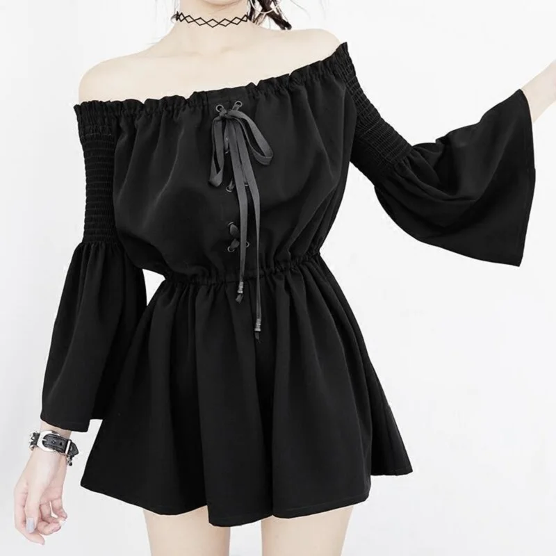 

Summer Sexy Backless Off Shoulder Black Jumpsuit Women Elastic Waist Casual Loose Flare Sleeve Playsuits Gothic Fashion