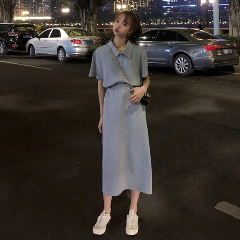 

Two-piece French niche summer 2019 new Korean version of the ocean loose short-sleeved T-shirt + A type skirt set