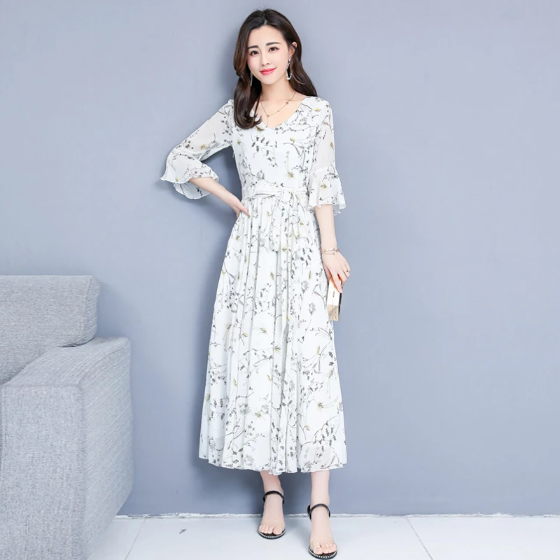 

New 2019 Women Spring Summer Chiffon Dress Elegant V-neck Flare Sleeve Dress Flower Print Party Dresses Plus Size Vestidos