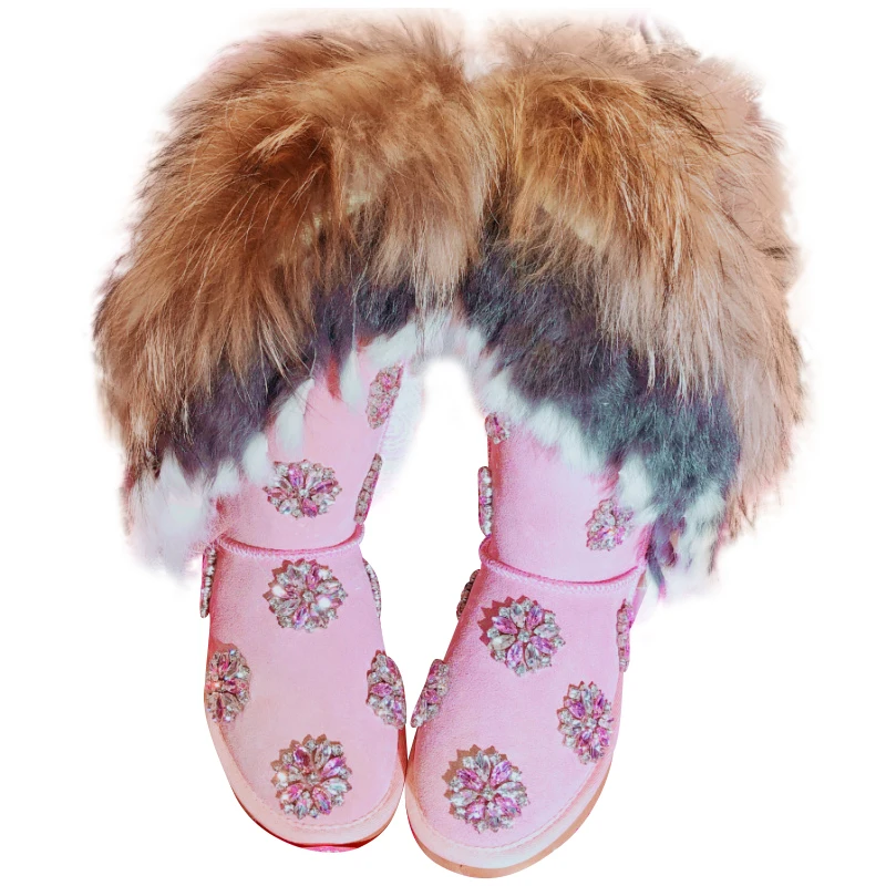Cristales De As Las Real Nieve Invierno Zapatos Para Botas Bajo Lujo Diamante Photo Piel Rodilla Flor La Señoras Mujeres Tacón Mujer PwdqdH