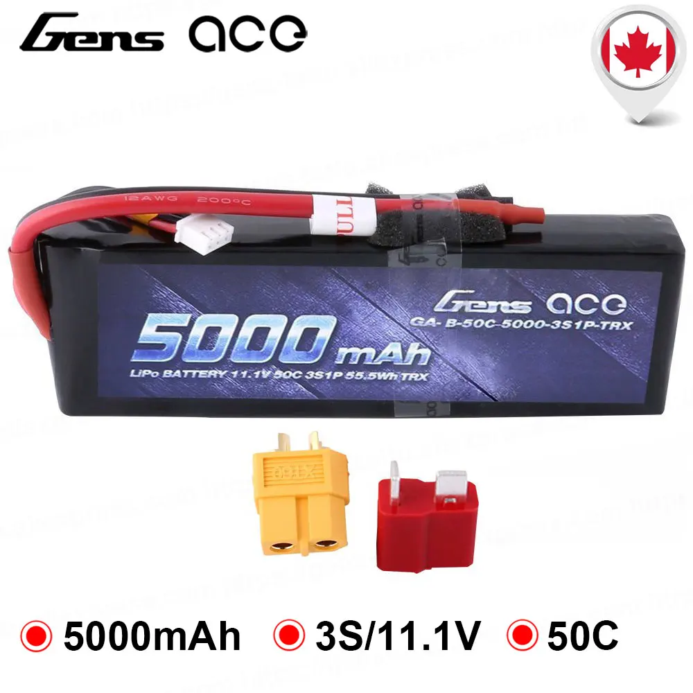 

Gens ace 5000mAh 11.1V 3S 50C LiPo Battery Pack with Deans and XT60 Connector for Traxxas Models 1/10 1/8 RC Car