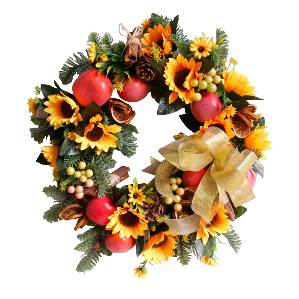 

Thanksgiving Artificial Sunflower Wreath Pumpkin Fruit Maple Leaf Fall Door Wreath Wall Ornament Thanksgiving Day Hanging Decor