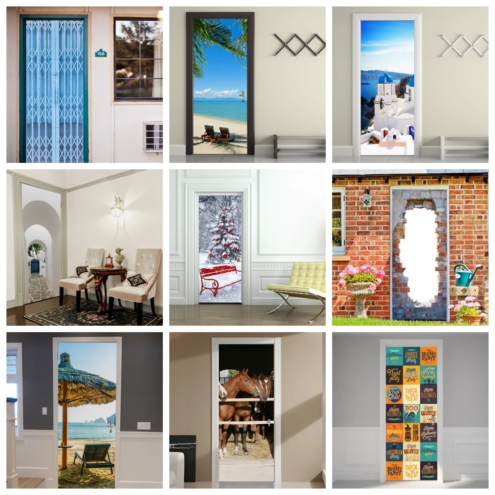 

2Pcs/Set 3D Door Stickers DIY Living Room Doors Greece Santorinl Decorative Posters Sticker Waterproof Art Wallpaper for Bedroom