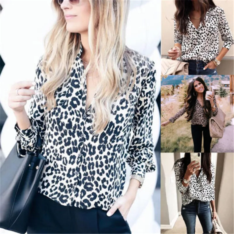 

2019 New Hot Summer Ladies Girls Women Fashion Leisure Casual Leopard Print Tops Long Sleeve V-Neck Autumn Casual Blouse Clothes