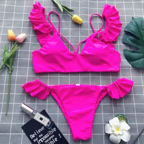 

2018 Womens Lotus Leaf Floral Bandage Bikini Lovely Ruffles Monokini Push Up Padded Bathing Suit Beachwear Swimsuit Swimwear
