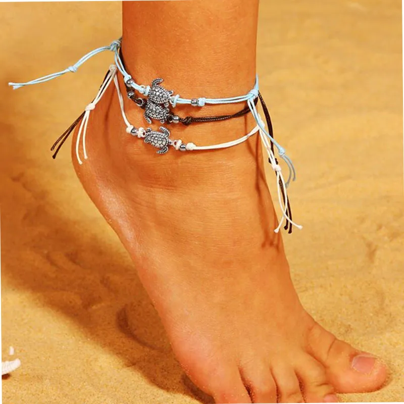 Веревка веревки лодыжки браслеты для женщин Черепаха Пляж Лето ноги Винтаж животных кулон цепи браслет-подвеска на ногу модные ювелирные изделия в стиле "Бохо"