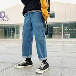 2019 Весна Мужская Мода Тренд работы мешковатые Homme классический накладной карман джинсы черный/синий Повседневное брюки байкер джинсовые