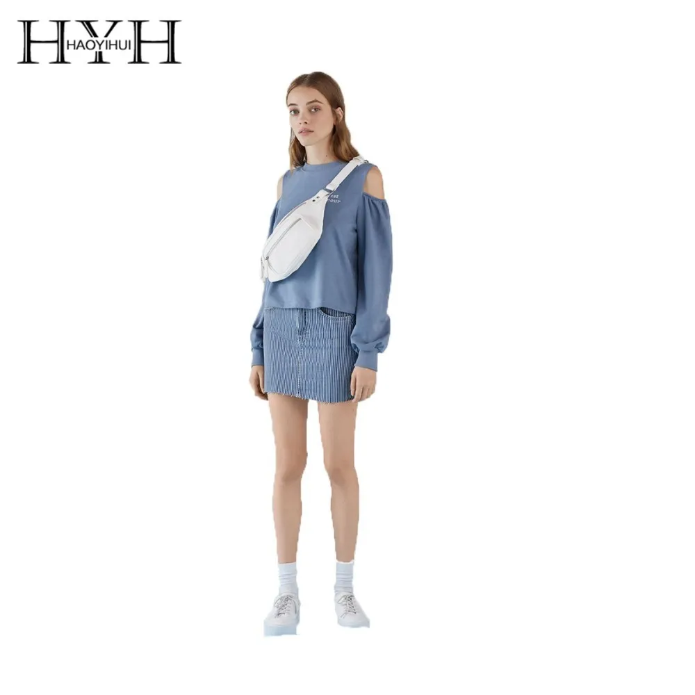 

HYH Haoyihui 2019 Simple Leisure Solid Color Letter Embroidery Sweet Fog Blue Off Shoulder Round Neck Sports Sweater