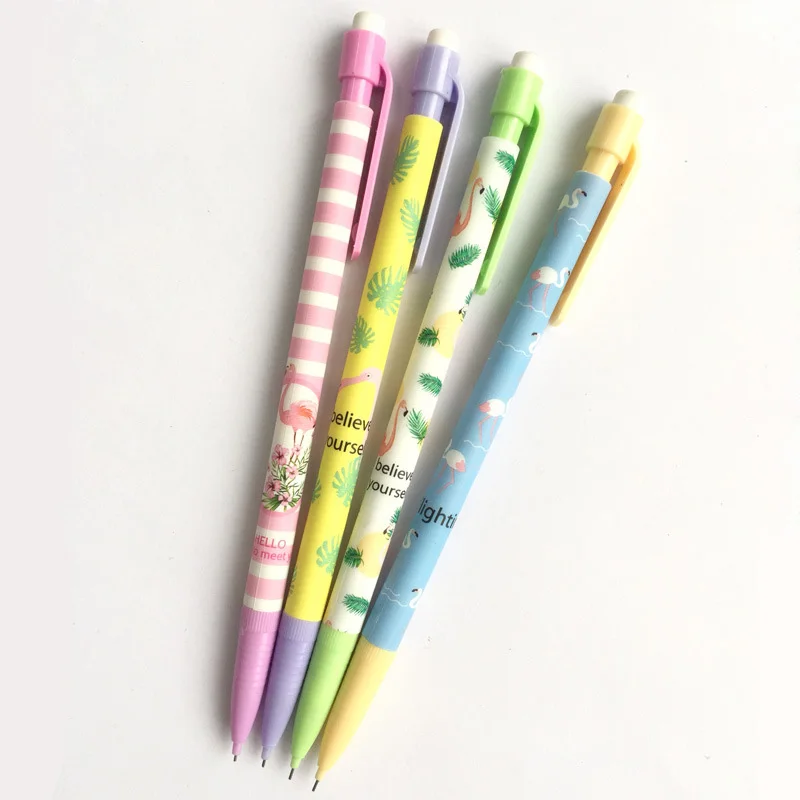 0.5mm Pink Flamingo Mechanical Pencil Cute Green Plants Automatic Pens For Korean Stationery