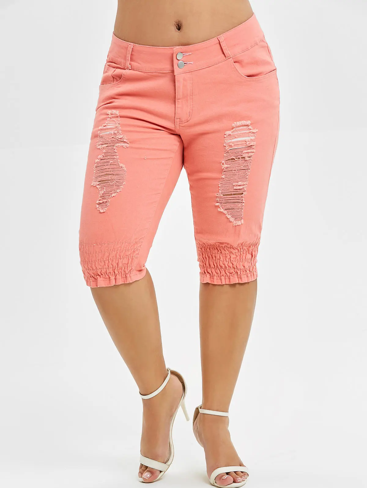 Rosegal Plus Size Distressed Knee Length Jeans Zipper Fly Solid Straight Pant Mid Waist Skinny Jeans Women Summer Bottom 2019