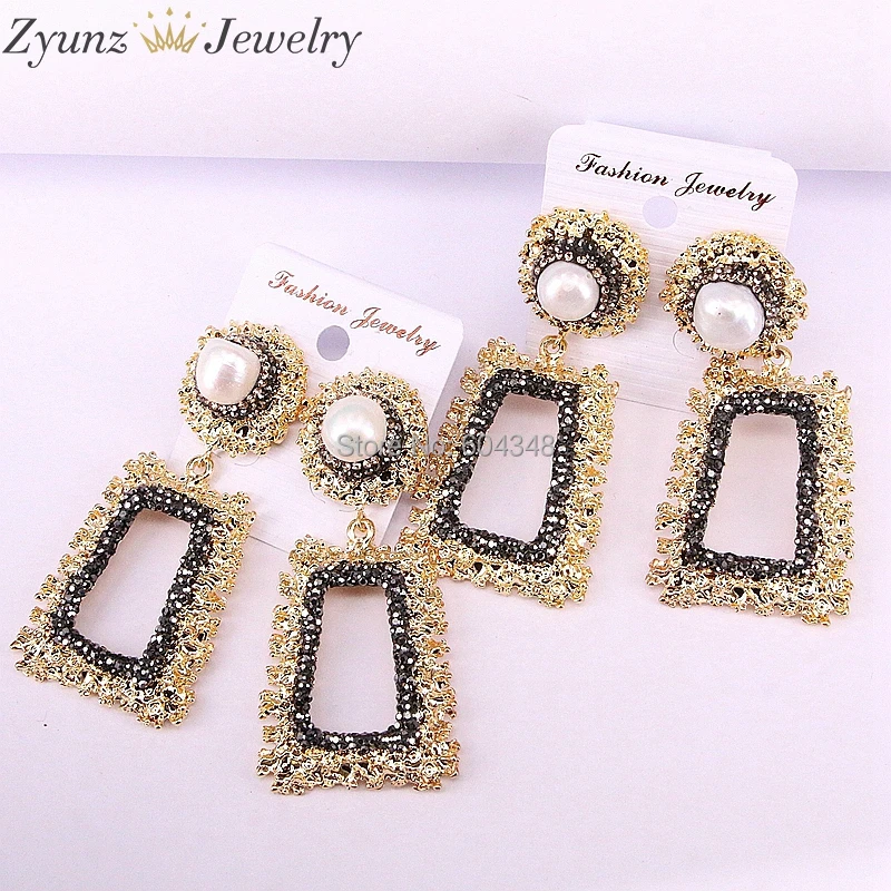

3Pairs ZYZ335-6605 Metal Geometric with Pearl Earrings For Women Large Round Hollow Rectangle Statement Dangle Earring Fashion
