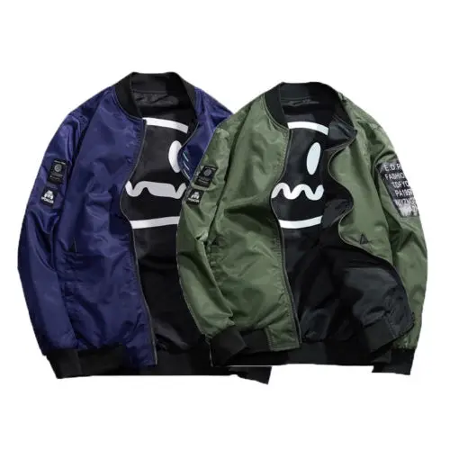 

Men Bomber Jacket Thin Slim Long Sleeve Smile Jackets Hooded 2019 Windbreaker Zipper Outwear Army Brand Clothing