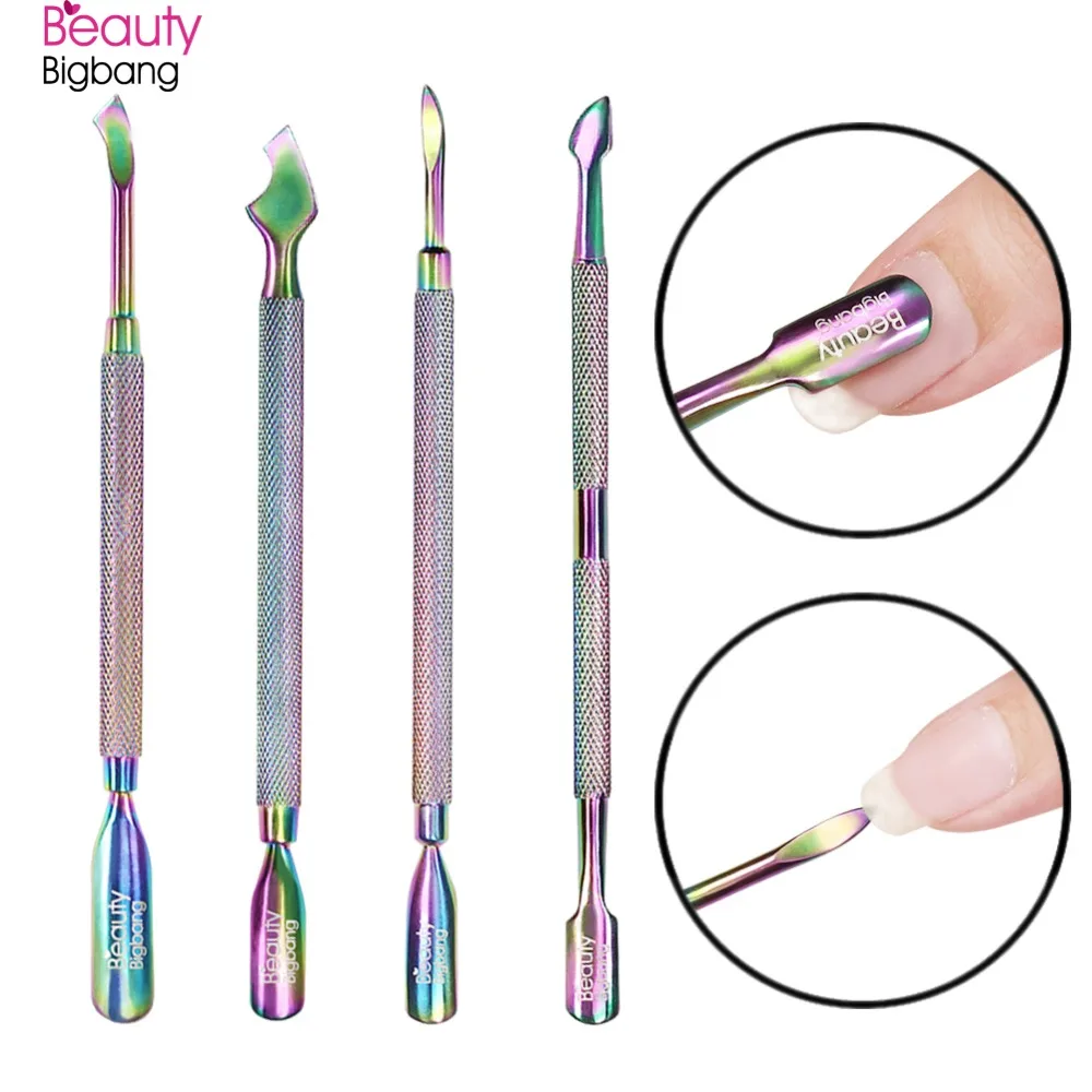 

4 Patterns Dual-ended Chameleon Nail Cuticle Pusher cuticula Rainbow Stainless Steel Manicure Nail Art Tool cuticle remover