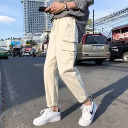 2019 для мужчин Мешковатые эластичная манжета Homme классический накладной карман джинсы для женщин черный/белый/хаки/зеленый цвет