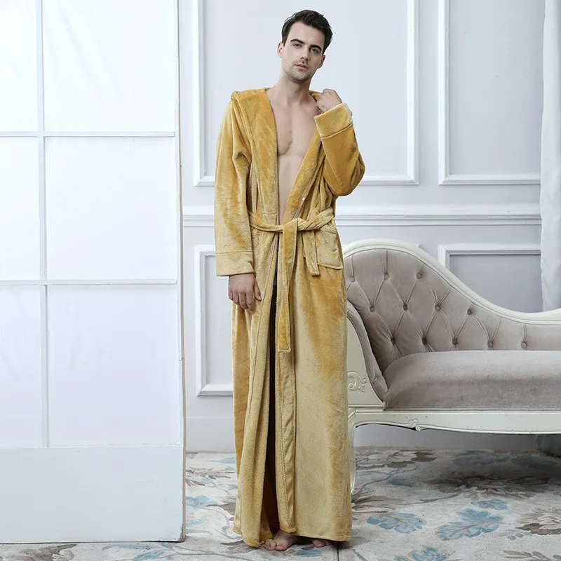 Lovers Thermal Hooded Flannel Bathrobe Winter Warm Extra Long Kimono