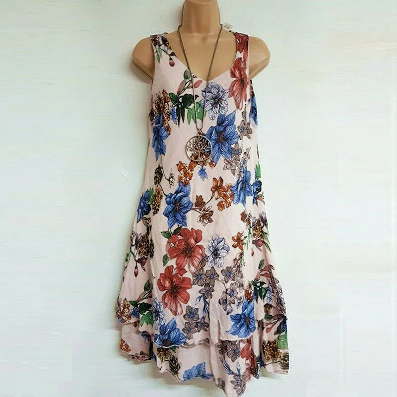 

Women Boho Holiday Irregular Ladies Summer Sleeveless Beach Dress Floral Loose Short Dress Plus Size S-2XL