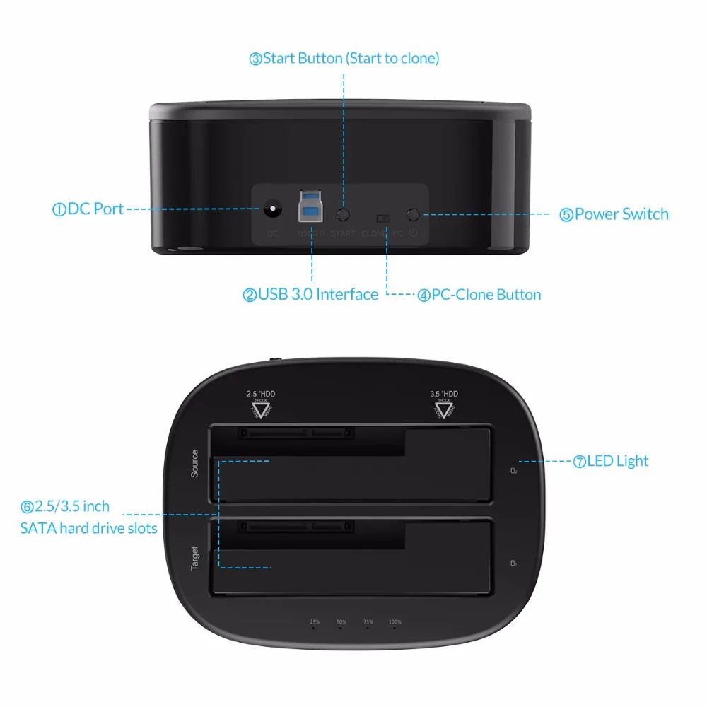  Estación de acoplamiento de disco duro de doble Bahía Orico 6228US3 USB 30 a SATA para 25/35 pulgad