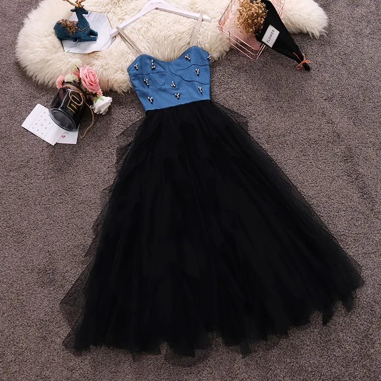 New Women Beading Denim Mesh Patchwork Strap Dresses Summer Jean Mesh Tank Dress Vestidos