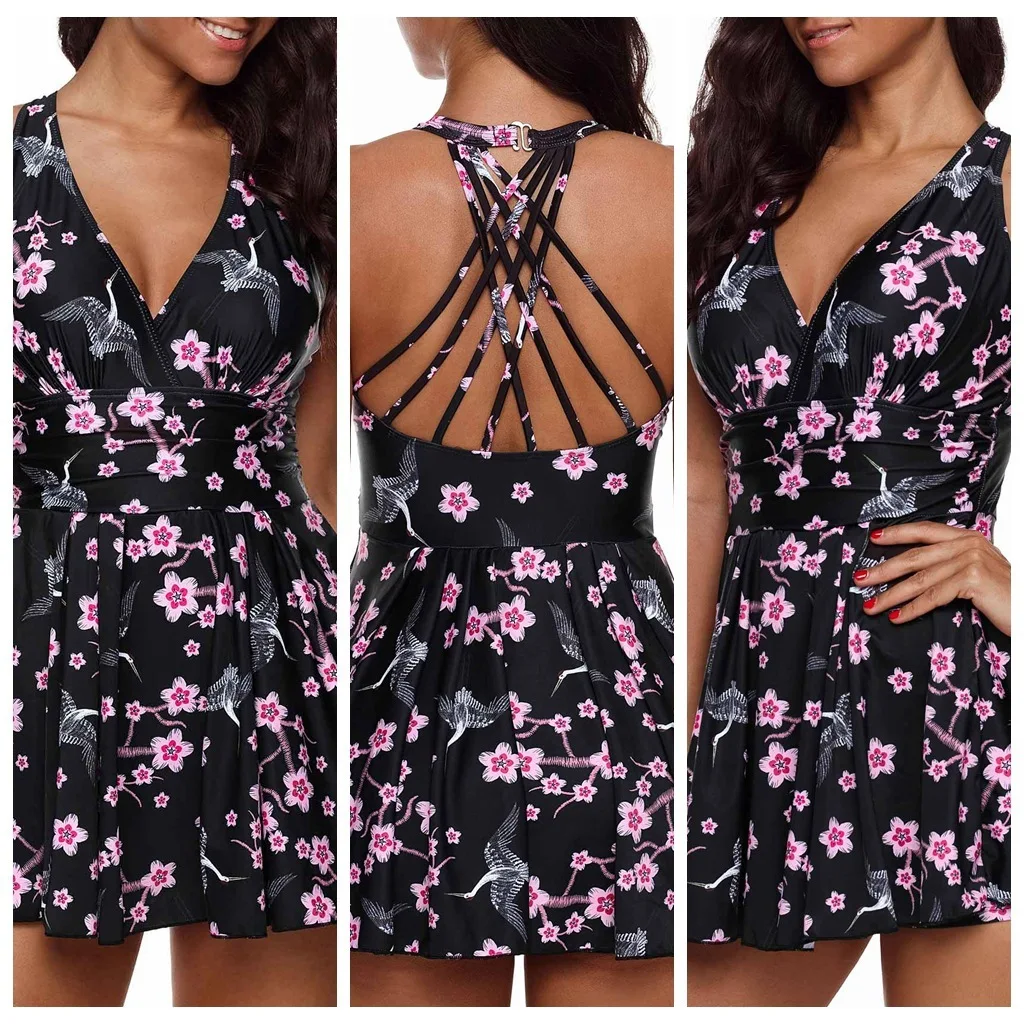 

2019 new spandex with chest pad without steel support printed backless sexy dress swimsuit plus size two pieces suits swimwear