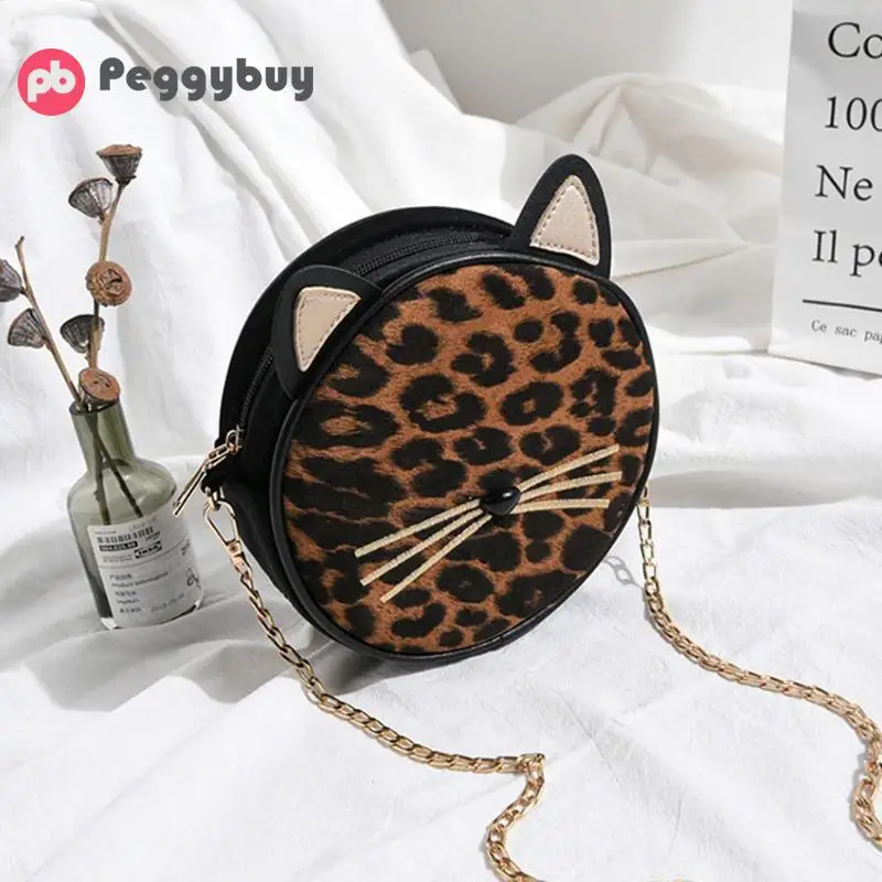 Leopard Round Leather Chain Sling Bag Women Cat Crossbody Shoulder Bags