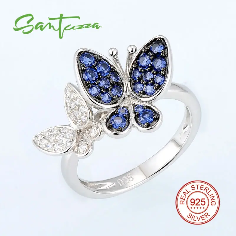 SANTUZZA серебряное кольцо с бабочкой для женщин, 925 пробы, серебряные Модные кольца для женщин, кольцо с кубическим цирконием, вечерние ювелирные изделия