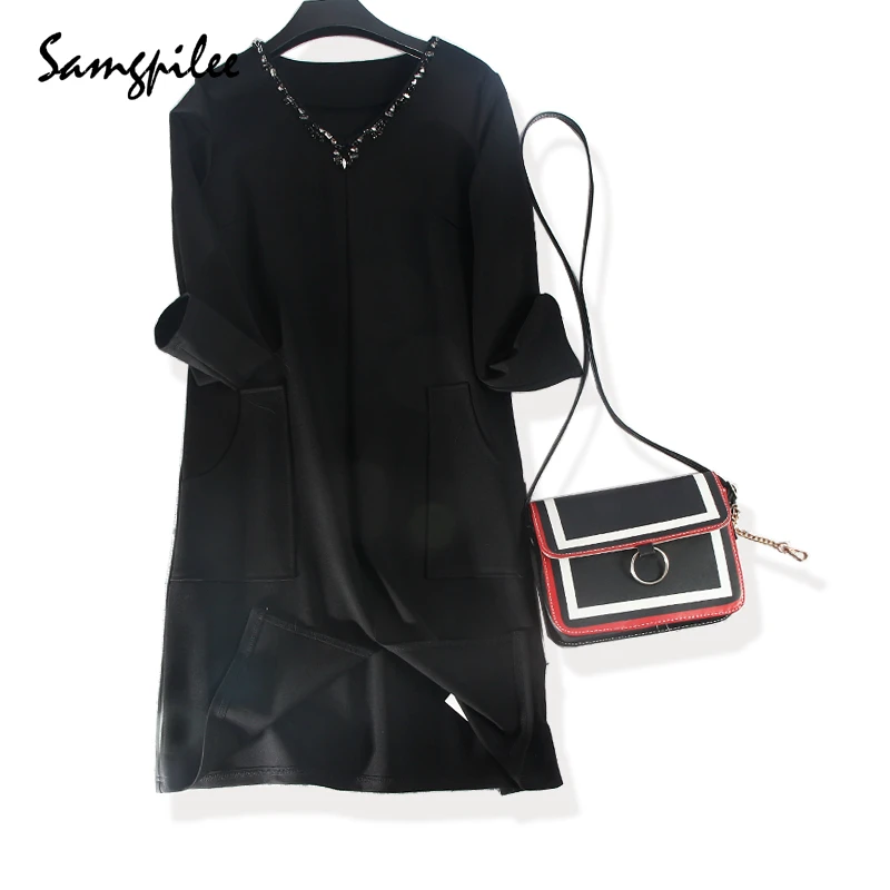 

2019 Vadim New Winter A-line Solid Full Sleeve Beading Knee-length Fashion Natural V-neck Women Dress L-3xl
