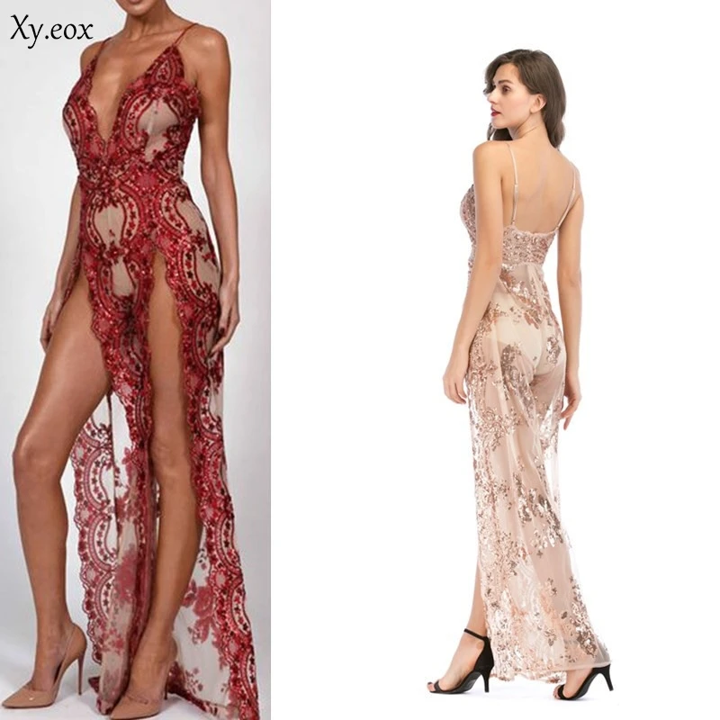 

Women's dress new black Chinese sequined V-neck sexy halter mop long dress Sling large swing large size female dinner dress