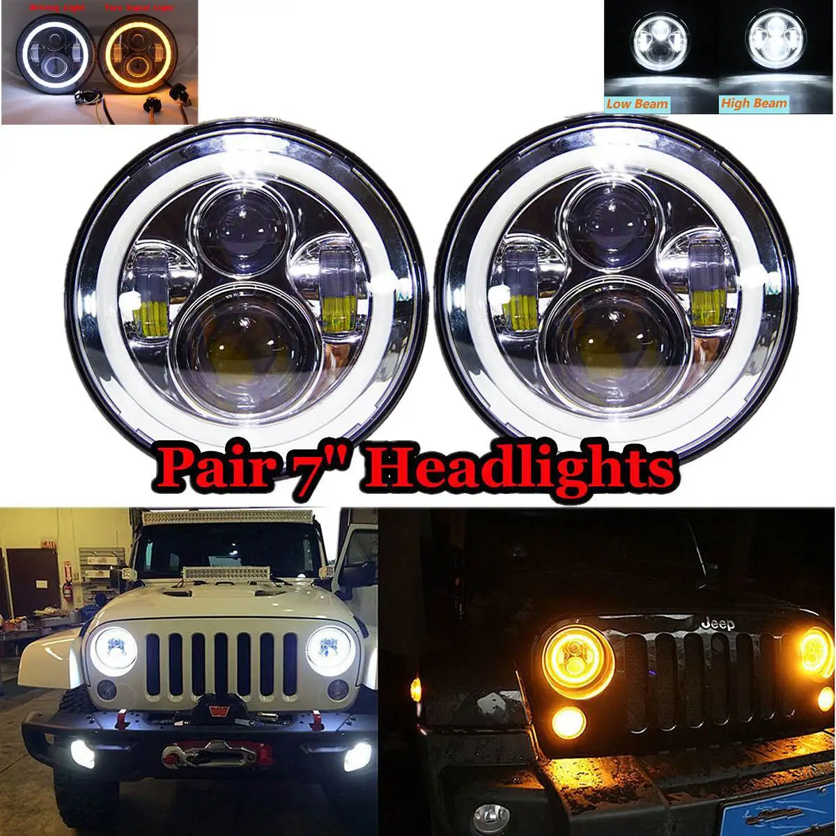 

2pcs 7 Inch LED Halo Ring Headlight with White DRL LED Headlamp with Amber Turn Signal Head Lamp For Jeep for Wrangler 97-16