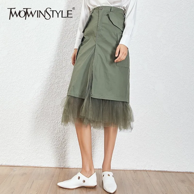 

TWOTWINSTYLE Mesh Patchwork Skirts For Women High Waist Split Midi Skirt Female Large Size Spring 2019 Streetwear Fashion Tide