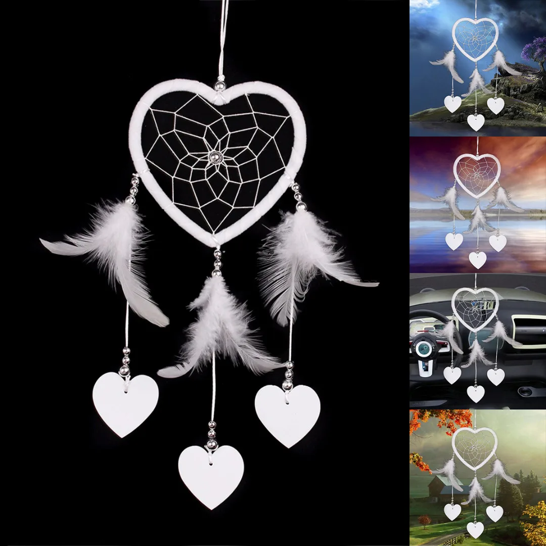 

2018 Newest DIY White Small Heart Wall Hanging Dream Catcher With Feather Home Car Decor