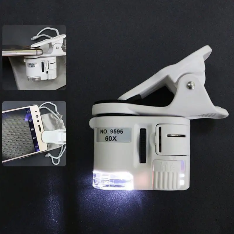 Универсальный 60X светодиодный освещенный Лупа-микроскоп сотовый увеличительное стекло для телефона микро объектив камеры Клип мобильного телефона