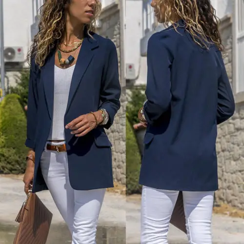 

Women 3/4 Sleeve OL Slim Fitted Business Short Blazer Coat Jacket Suit Blazers Pockets Female Slim Blazers Work Office Lady