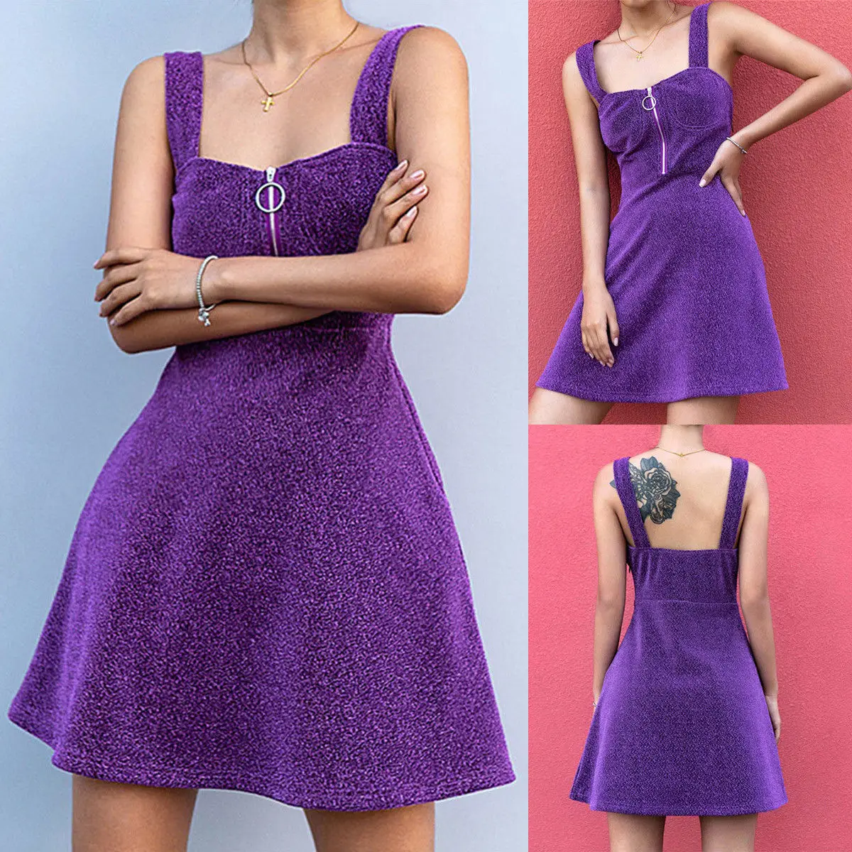 

Fashion Sequin Glitter Mini Dress Cocktail Club Sleeveless Strappy Backless Zipper Decor Short Mini Purple Dress