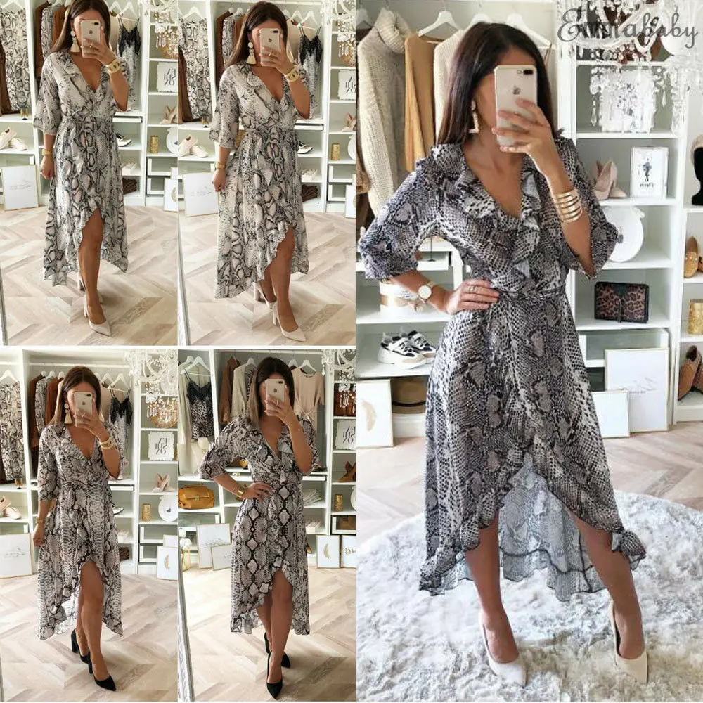 

Summer Beach Dress 2019 Women Sexy Casual Snakeskin Printed V-Neck Sashes Robe Boho Sexy Ladies Party Midi Dress Vestidos