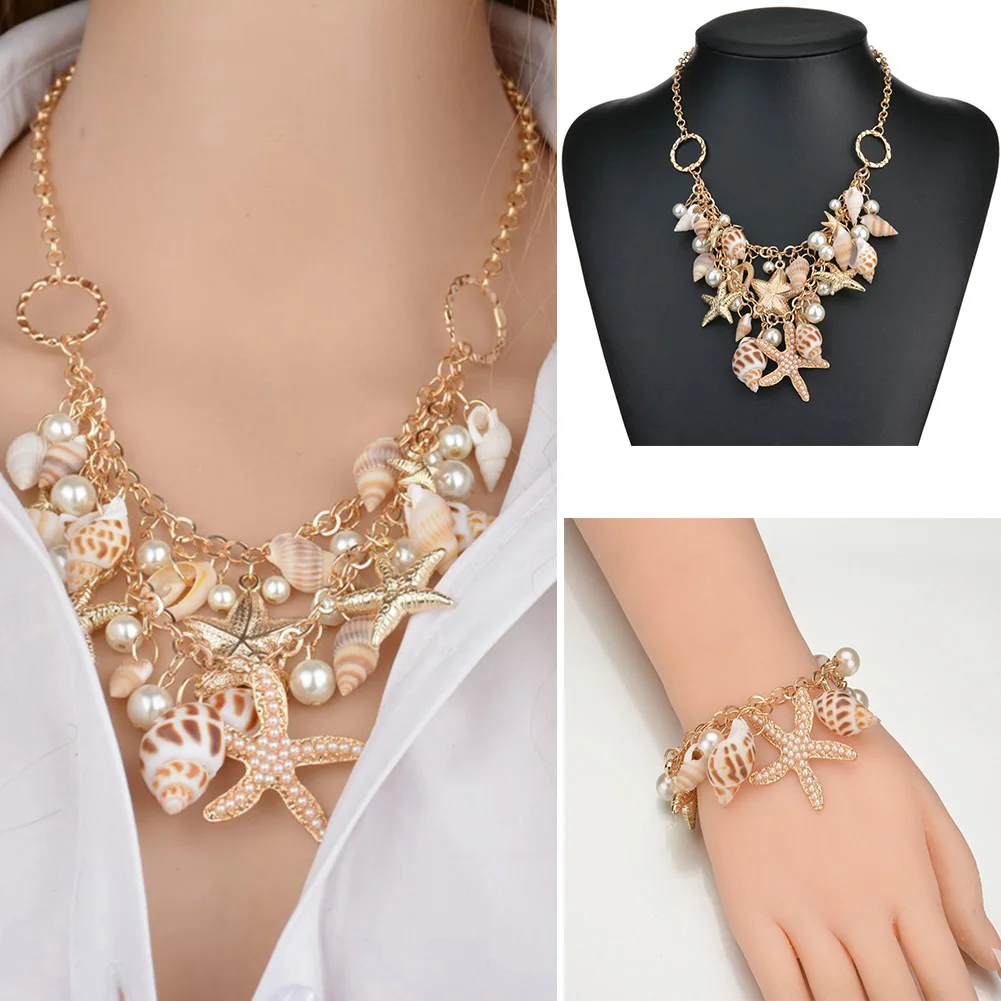 

2019 Bohemian Women's Starfish Shell Pearls Pendant Necklaces&Charm Bracelet Summer Gold Color Beach Statement Necklaces Jewelry