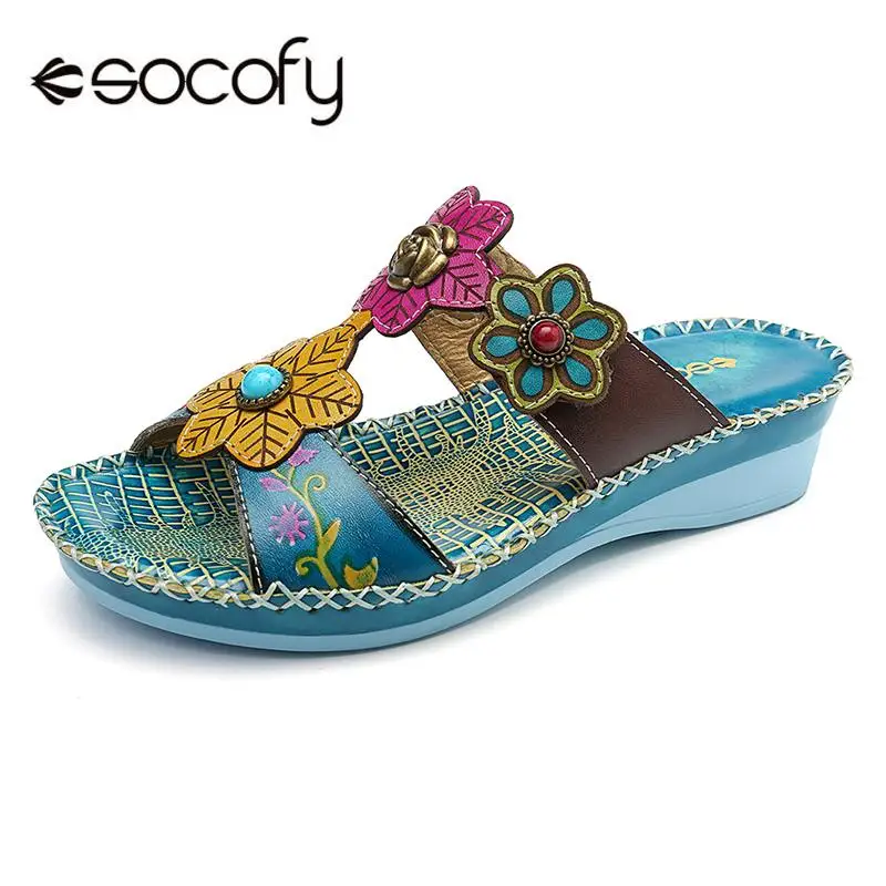 

SOCOFY Bohemia Hand Painted Genuine Leather Vintage Floral Stitching Adjustable Hook Loop Sandals Ladies Shoes Summer New 2019