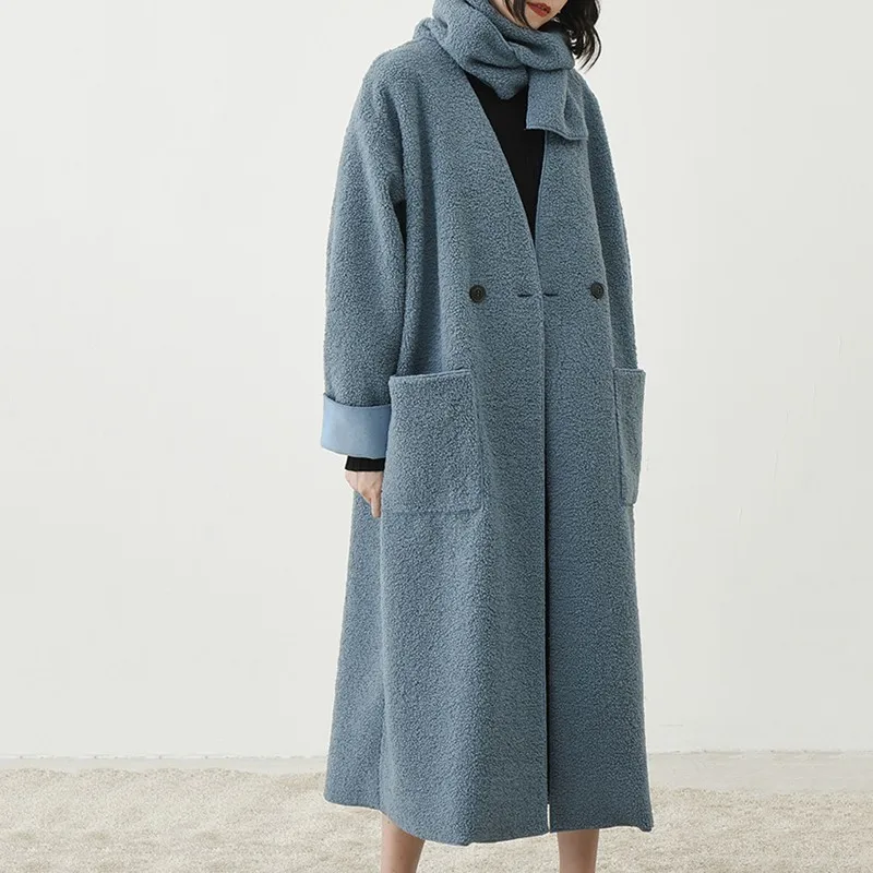 [EAM] 2019 New Spring Winter V-collar Long Sleeve Blue Double Breasted Big Size Woolen Coat Women Parkas Fashion Tide JL247