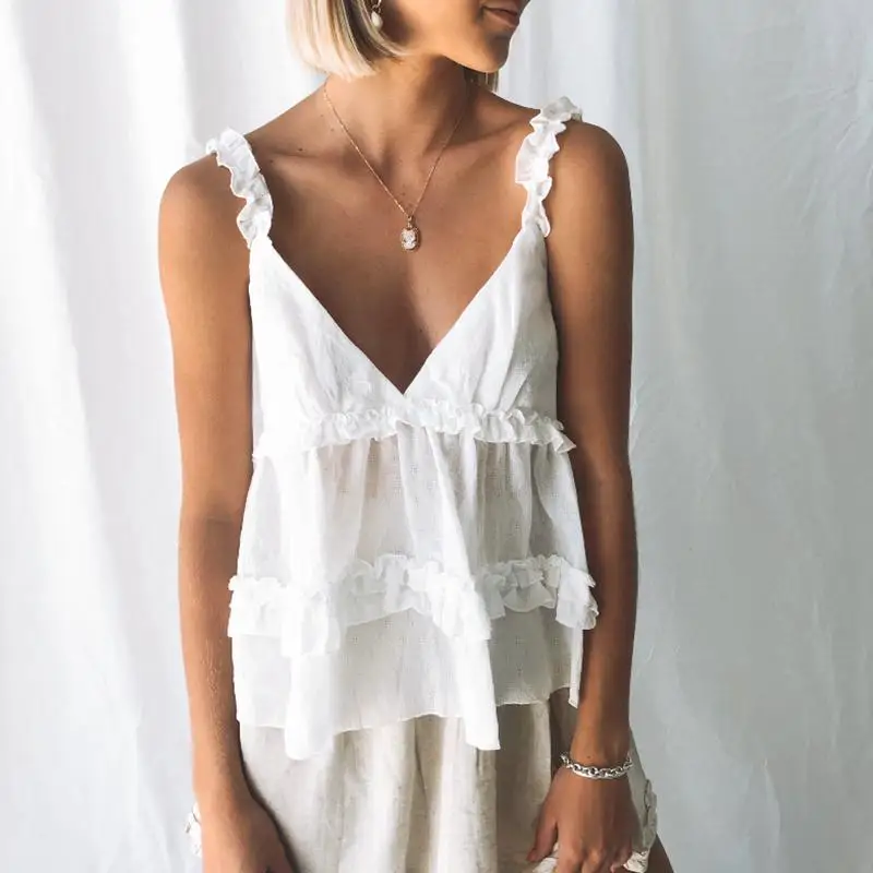 

Melegant Loose Ruffle Strap Casual Summer Blouses Shirts Women Bohemi Beach Tops Shirts Holiday 2019 Deep V Neck Sexy BohoTops