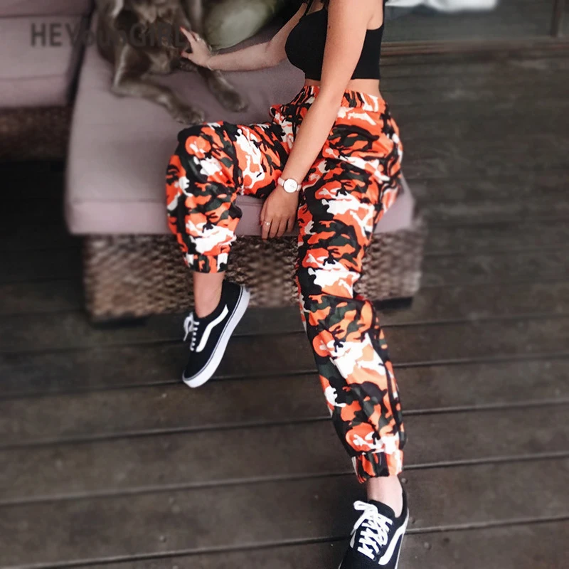 

Sexy Orange Camouflage Pants Harem Camo Sweatpant High Waist Hip Hop Cargo Plastic Trousers Striped Pants Pantalon Femme