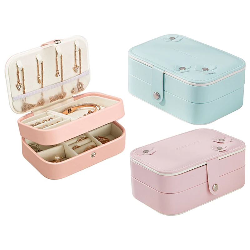 

Portable Women Jewelry Box Storage Organizer Girls Travel 2-Layer Rectangle Earrings Ring Necklace Carrying Case Gift Boxes