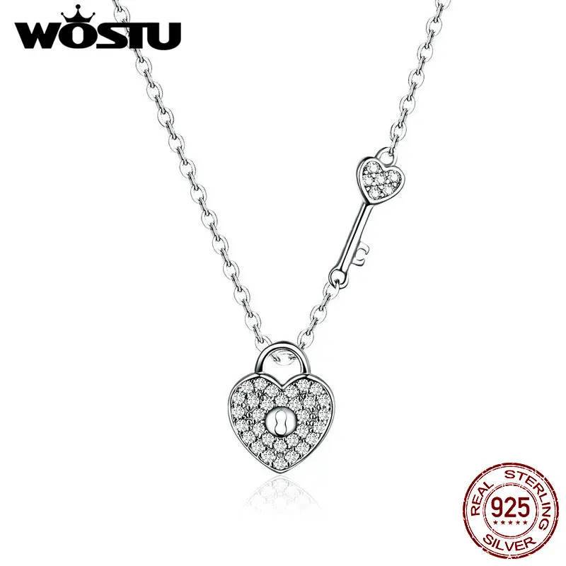 

WOSTU 925 Sterling Silver Lock & Heart Dangle Pendant Heart Highlights Necklaces Dazzling CZ Chain For Women 925 Jewelry CQN315