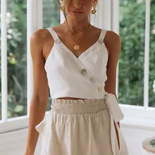 Женские повседневные топы без рукавов, короткие майки с v-образным вырезом и пуговицами, Новинка лета