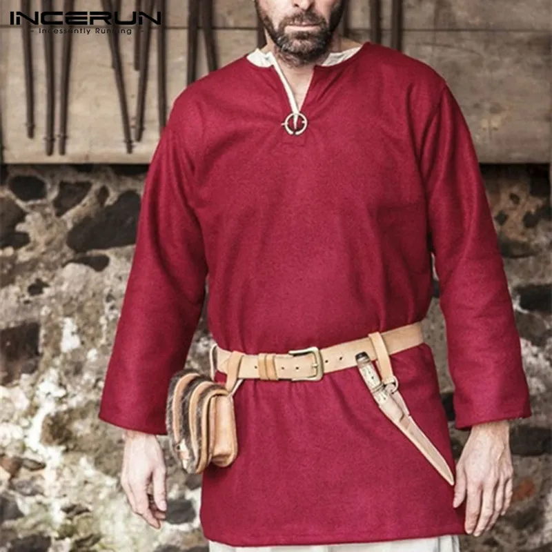 Vintage Dress Mens Shirt Cotton Medieval Renaissance Viking Tunic Long Sleeve Shirts Male Tops Camisas Kurta Men Clothes