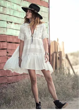 

2019 New Women Fashion White Summer Dress Sexy Deep V-Neck Hollow Out Mini Dresses Embroidery Lace Loose Dress