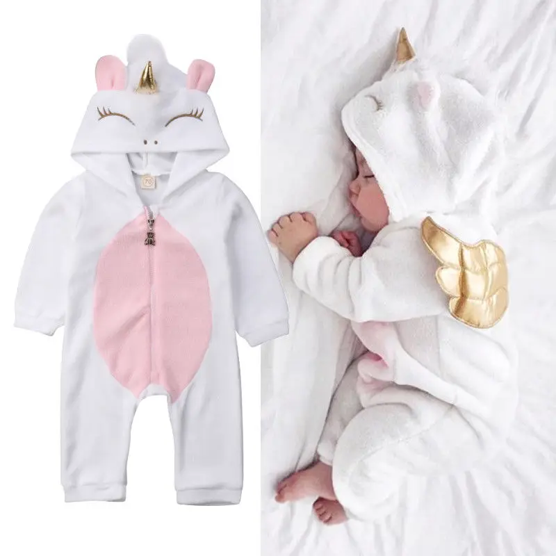 Newborn Baby Girls Winter Warm Rompers Coats Cute Cartoon Unicorn Flannel Jumpsuits With Wings Toddler Sleepwear Outfit Clothes