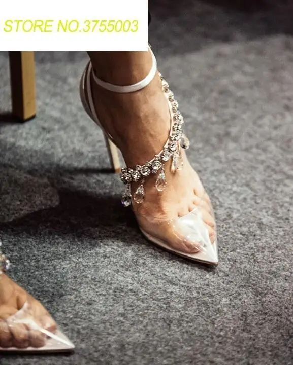 

Fashion PVC Pointy Toe Women Luxury Crystal Fringe Pumps Elegant Satin Back Ladies Ankle Buckle High Heels Sexy Wedding Shoes