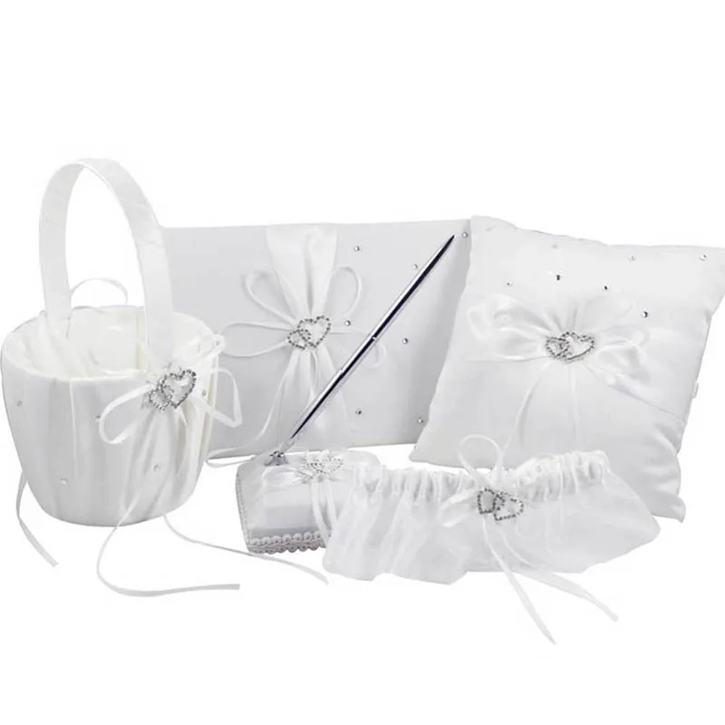 

5pcs Wedding Ring Bearer Pillow Guest Book Pen Garter Set Beaded Santin Lace Set
